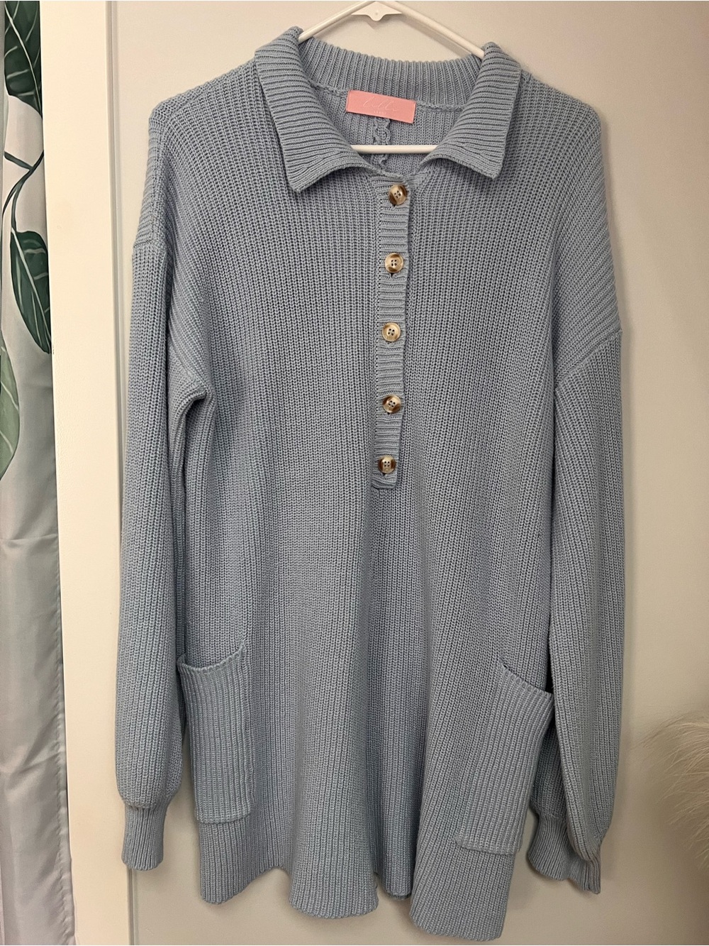 Collared Light Blue Knit Button-Front Romper